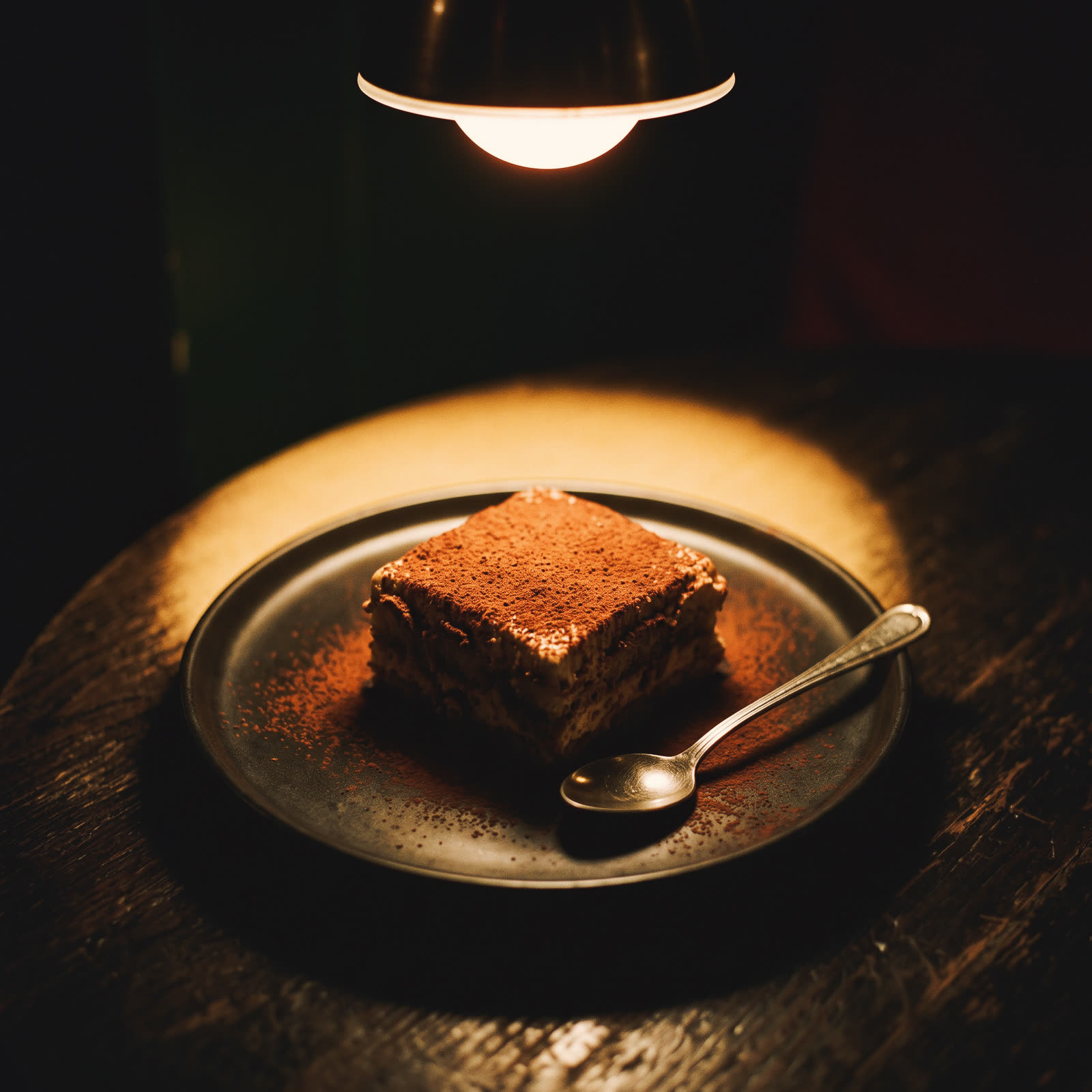 A square of tiramisu dusted with cocoa on a dark plate