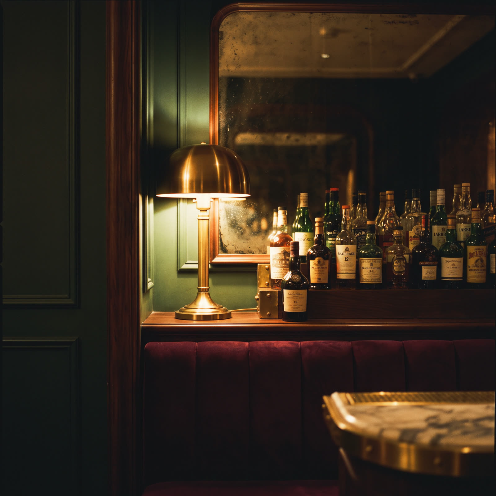The back shelf of the bar: bottles, a brass lamp and a mirror