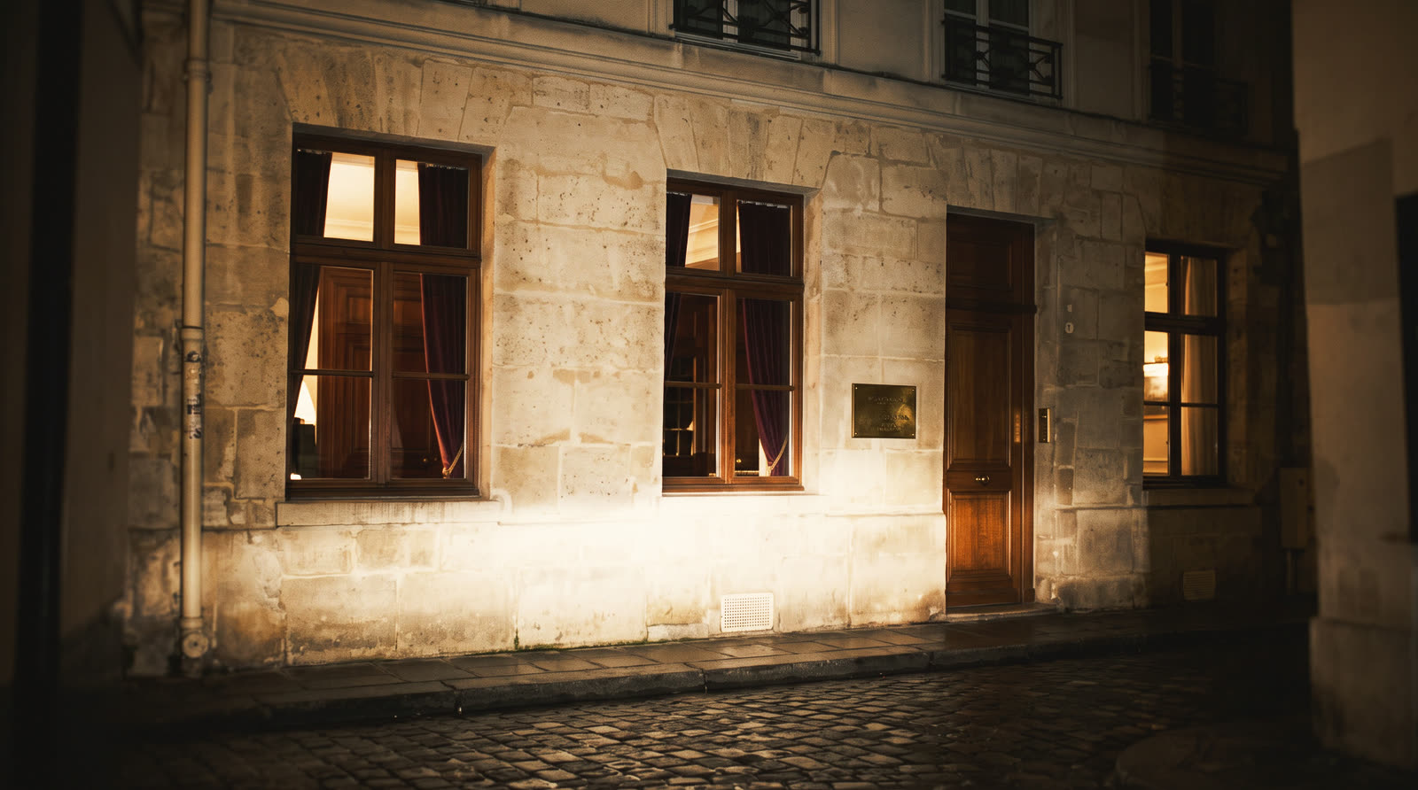 A limestone facade at night with three lit windows