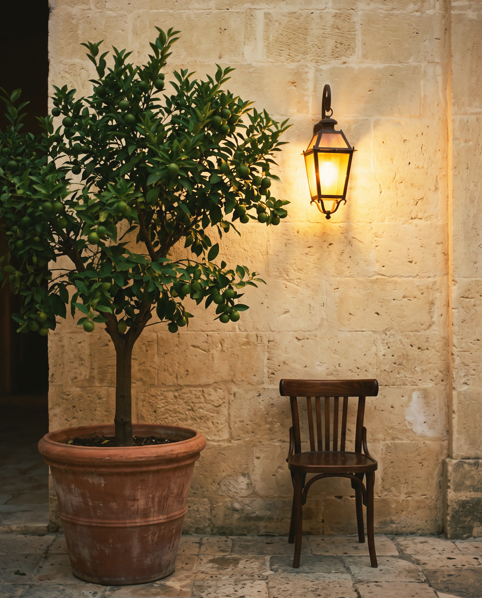 A courtyard at dusk: a citrus tree in a terracotta pot, a lantern on a limestone wall