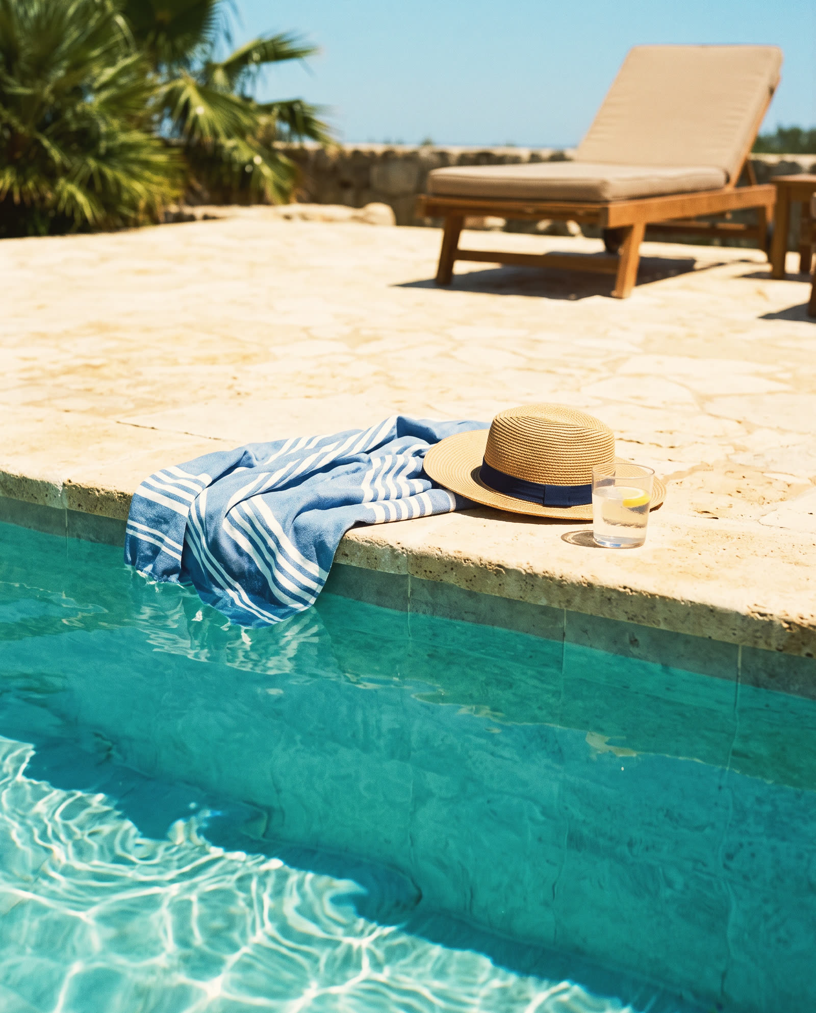 A striped towel and a straw hat on the stone edge of a pool