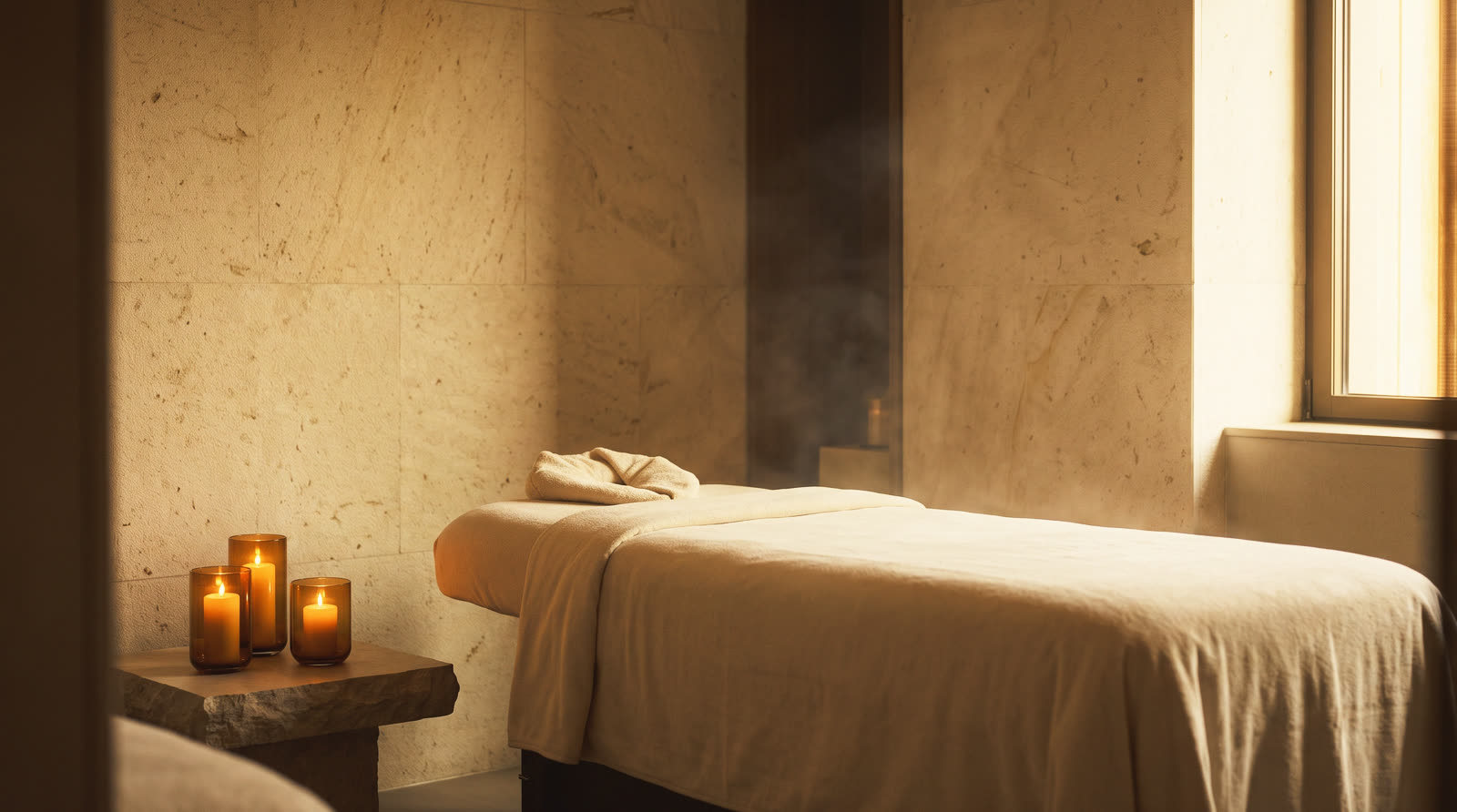 A pale stone spa room with a massage bed, candles and faint steam